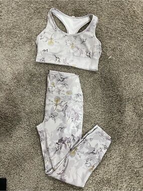 RBX White Active Sports Bra and Legging Set with Lavender Floral Print